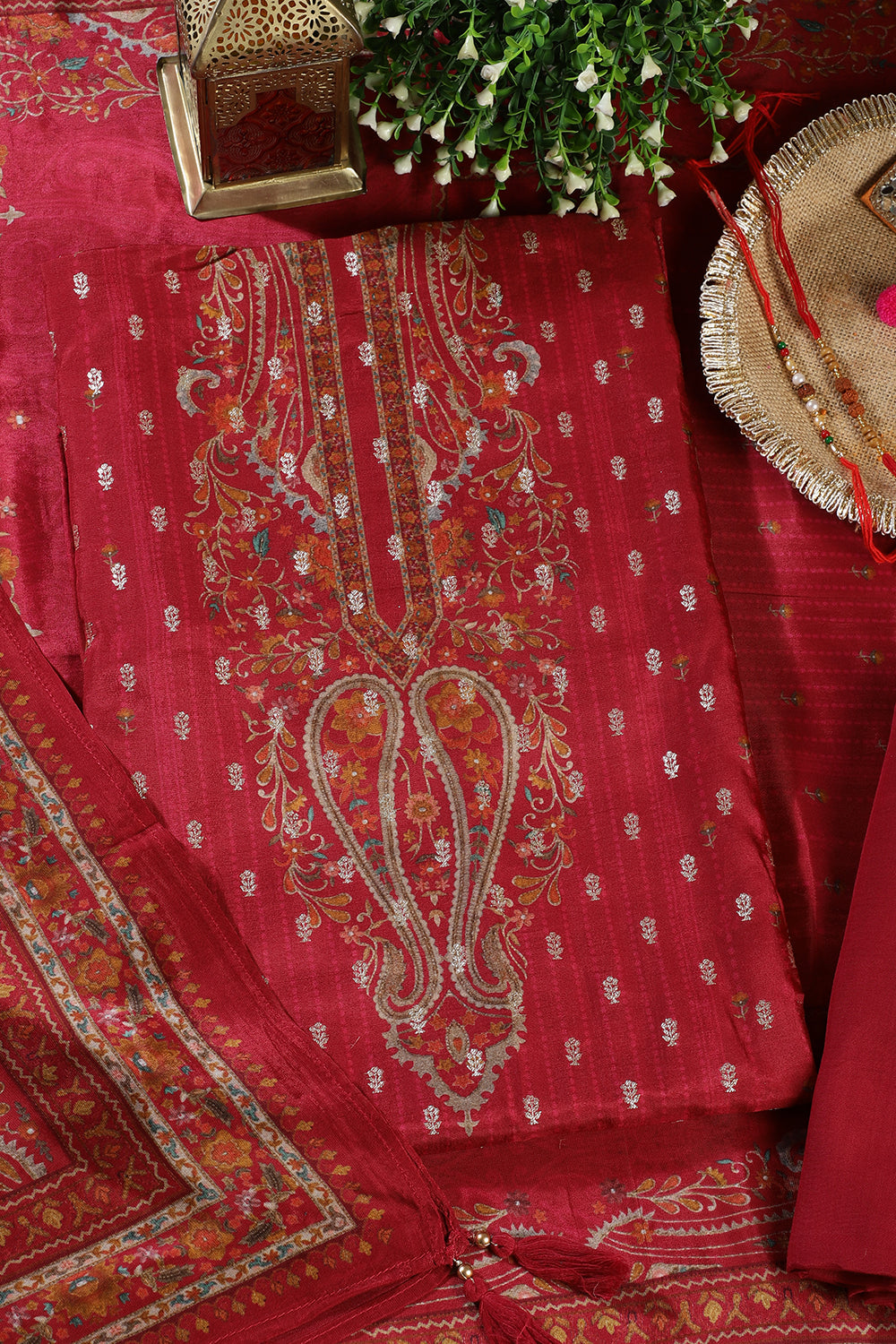 Red Zari Woven And Printed Silk Unstitched Suit Material