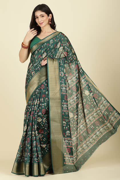 Green Cotton Silk Printed Saree