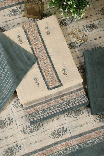 Beige & Green Chanderi Cotton Floral Printed And Neck Embroidered Unstitched Suit Material Unstitched Suit Fabric