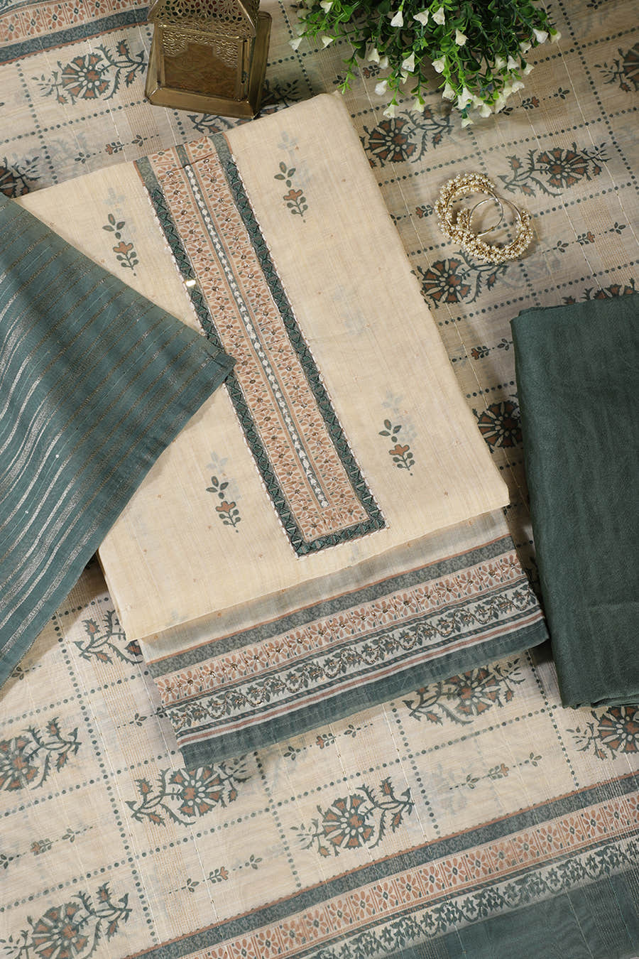 Beige & Green Chanderi Cotton Floral Printed And Neck Embroidered Unstitched Suit Material Unstitched Suit Fabric
