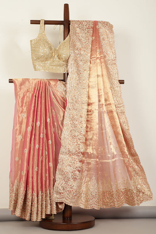 Rani Color Pure Tissue Silk Zardozi & Sequence Handwork Saree with Scalping Border