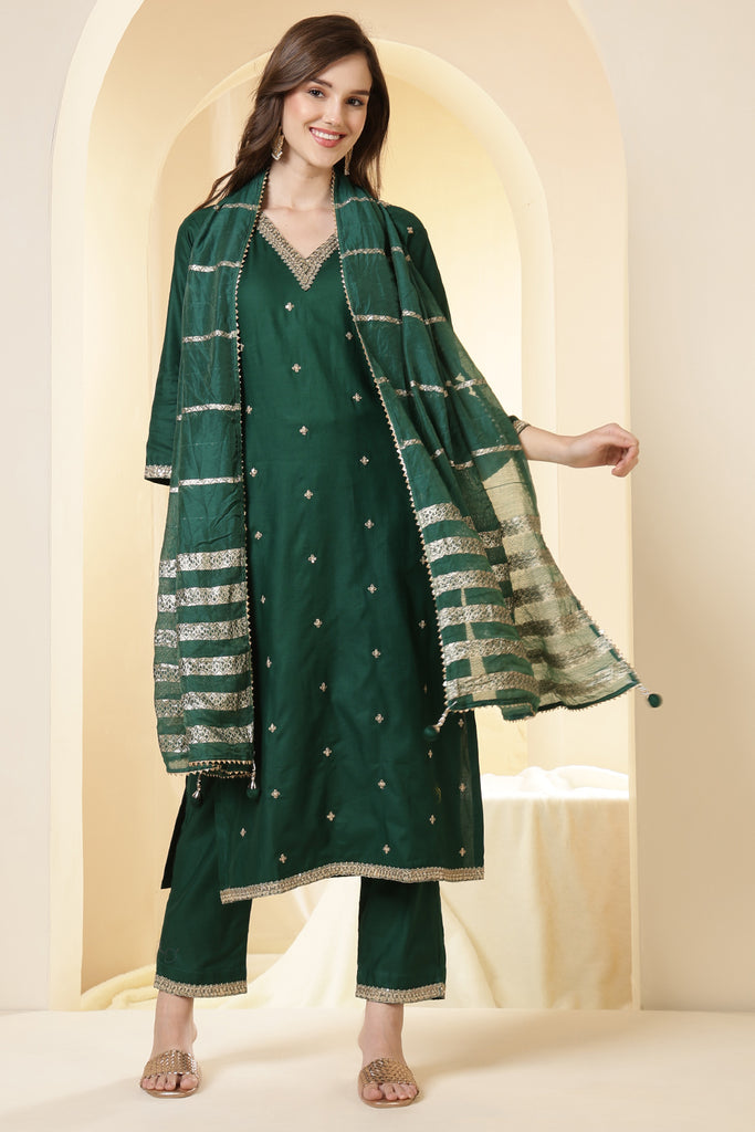 Green Color Silk Embroidered Suit Set
