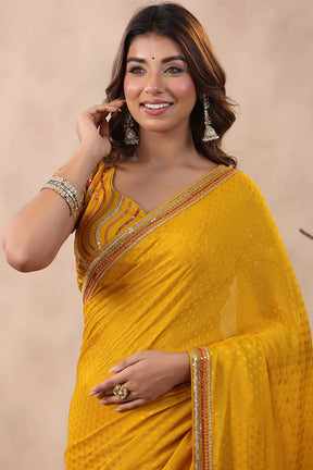 Mustard Color Jacquard Crepe Woven Saree With Readymade Blouse