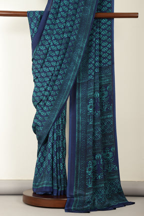 Navy & Teal Floral Printed Crepe Saree
