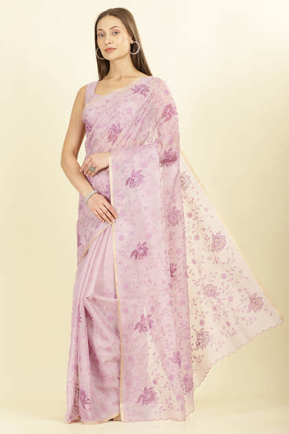 Lavender Floral Resham Embroidered Cotton Saree