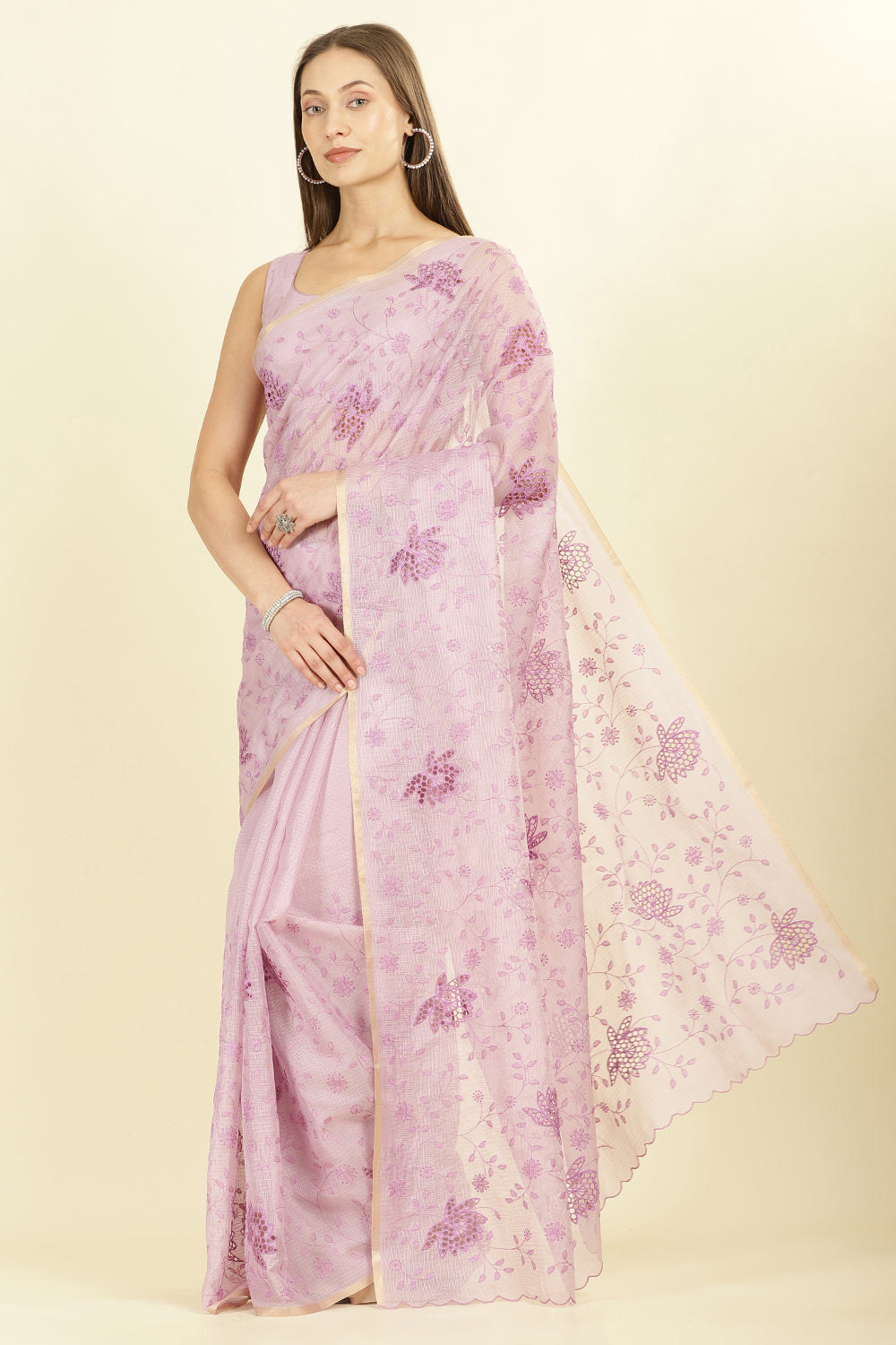 Lavender Floral Resham Embroidered Cotton Saree
