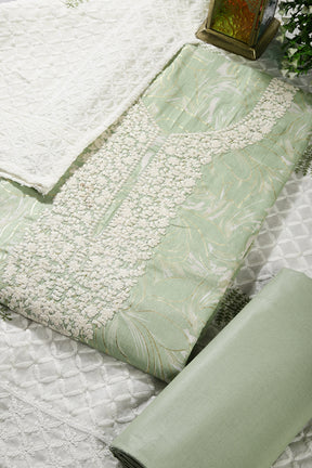 Pista Green Colour Cotton Printed & Resham Neck Embroidered Unstitched Suit