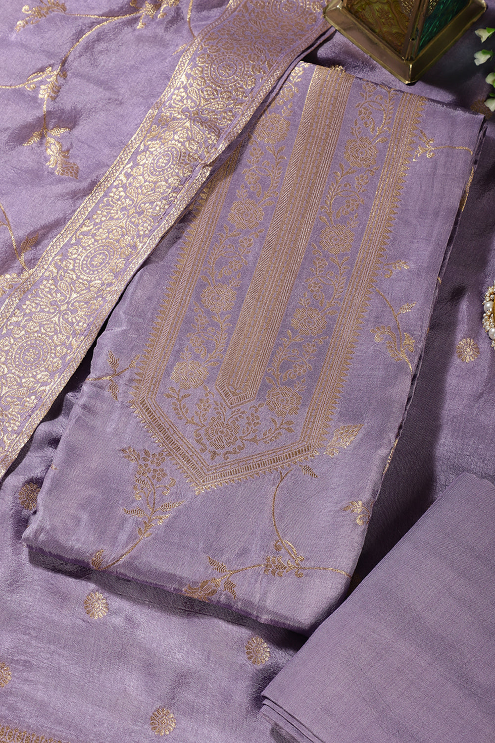 Lavender Banarsi Floral Woven Silk Unstitched Suit