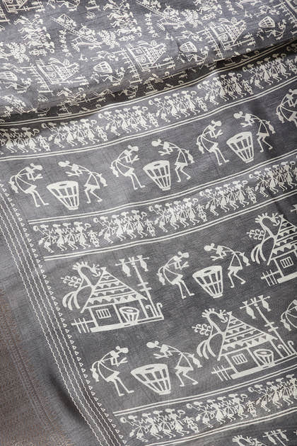 Grey Color Cotton Silk Printed Saree