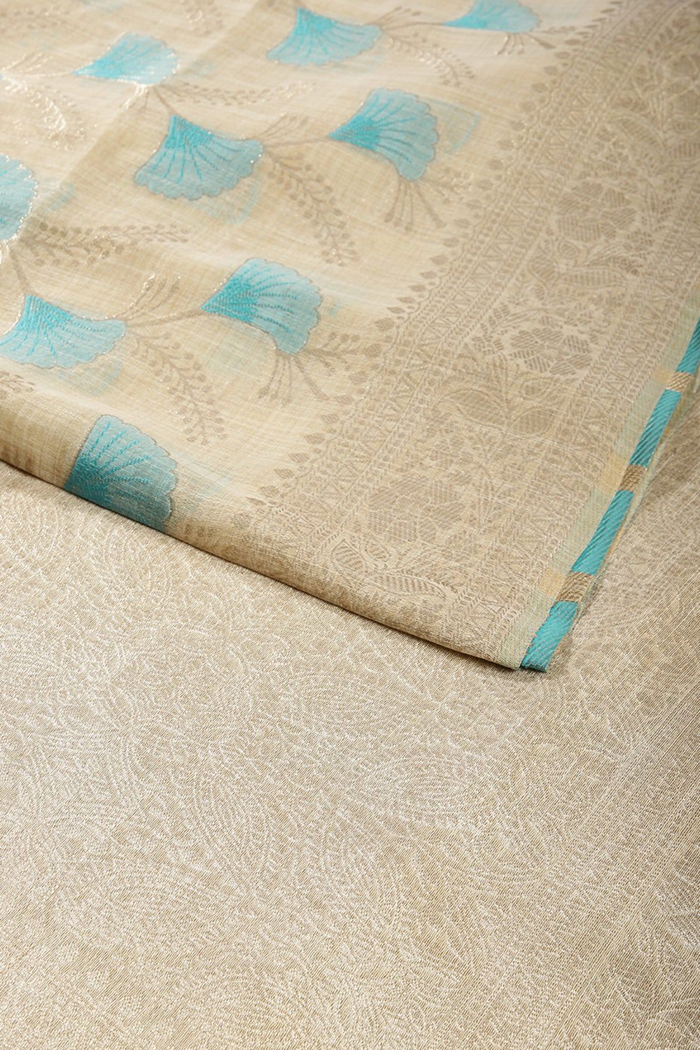 Beige & Turquoise Color Chanderi Cotton Zari Woven Saree