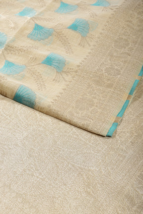 Beige & Turquoise Color Chanderi Cotton Zari Woven Saree