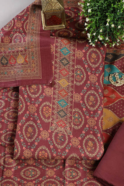 Wine Pashmina Digital Printed Unstitched Suit Material