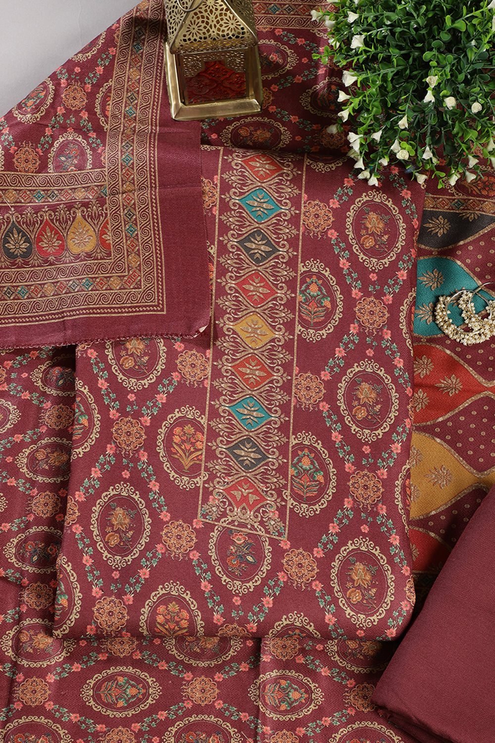 Wine Pashmina Digital Printed Unstitched Suit Material