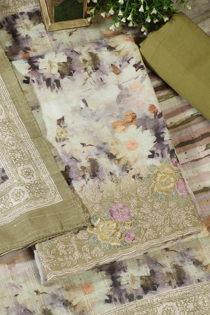 Olive Green Cotton Floral Printed And Hemline Embroidered Unstitched Suit
