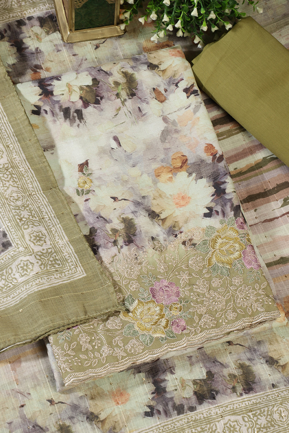 Olive Green Cotton Floral Printed And Hemline Embroidered Unstitched Suit