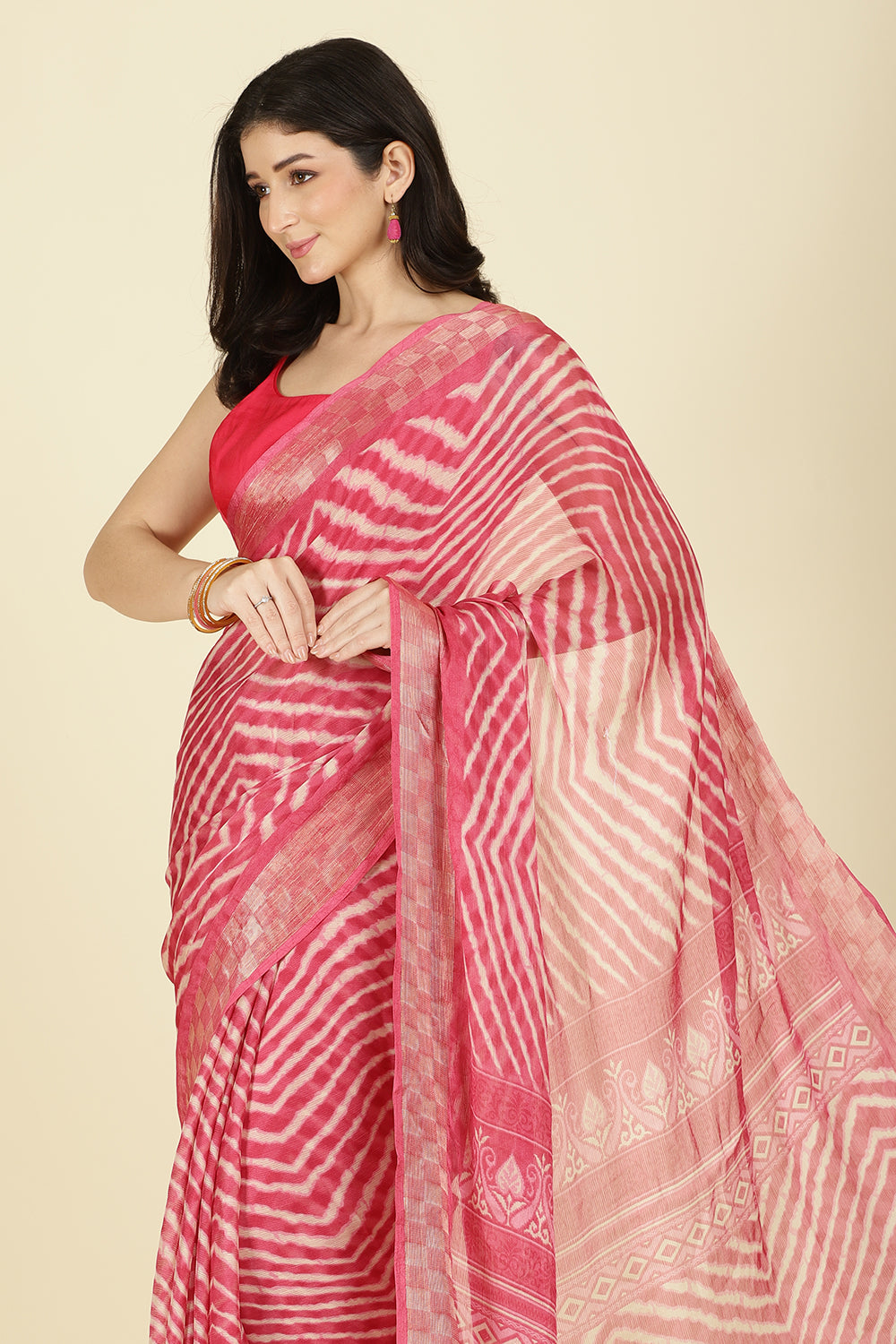 Coral Color Chiffon Leheriya Printed Saree