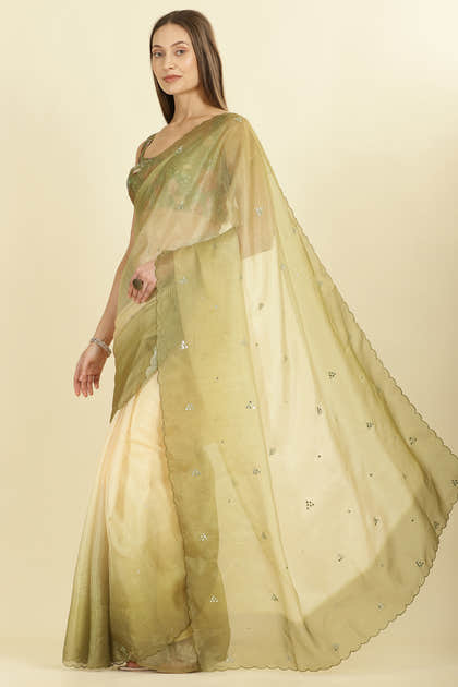 Ombre Olive Green Organza Saree With Mirror Work