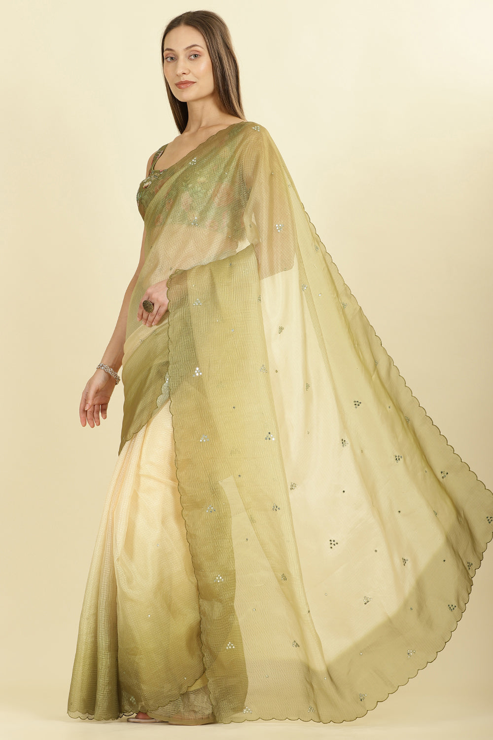 Ombre Olive Green Organza Saree With Mirror Work