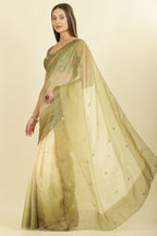 Ombre Olive Green Organza Saree With Mirror Work