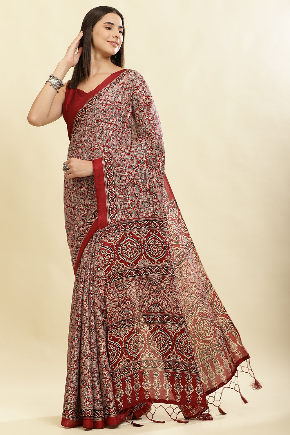Maroon Cotton Silk Ajrakh Block Printed Saree