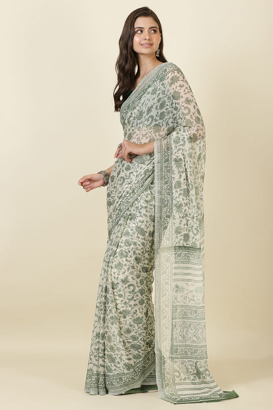 White & Green Georgette Floral Printed Saree