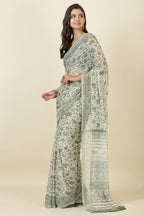 White & Green Georgette Floral Printed Saree