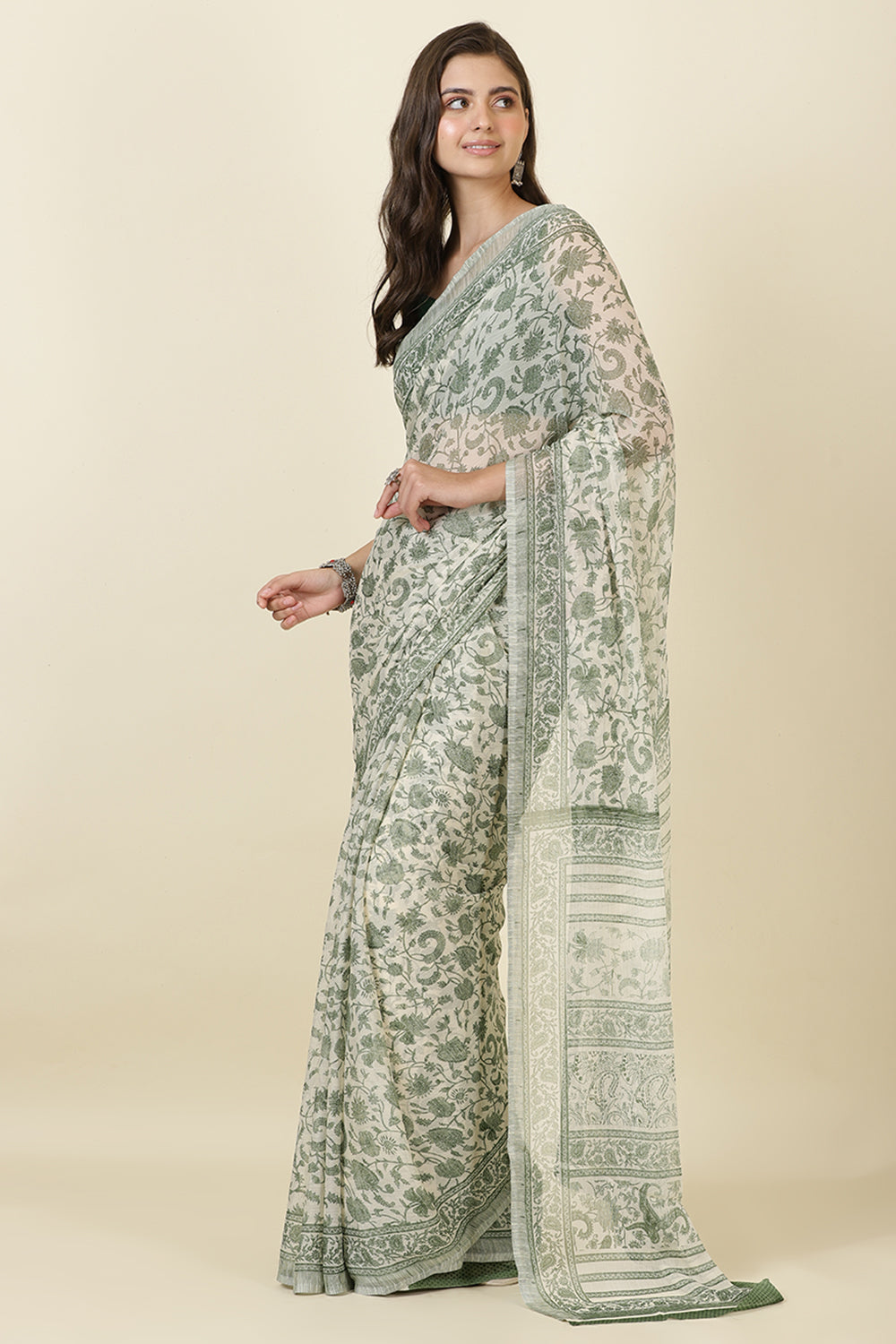 White & Green Georgette Floral Printed Saree