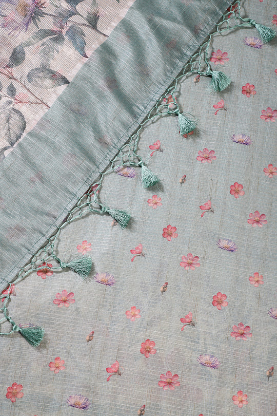 Beige & Green Metallic Tissue Floral Printed Saree