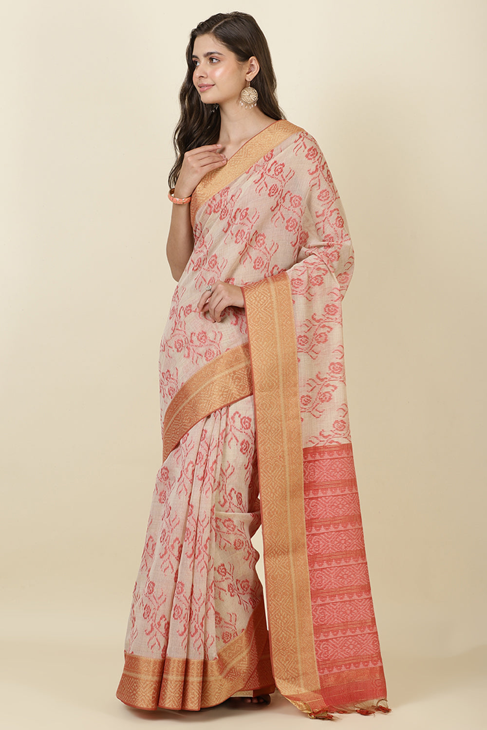 Beige Cotton Woven Saree