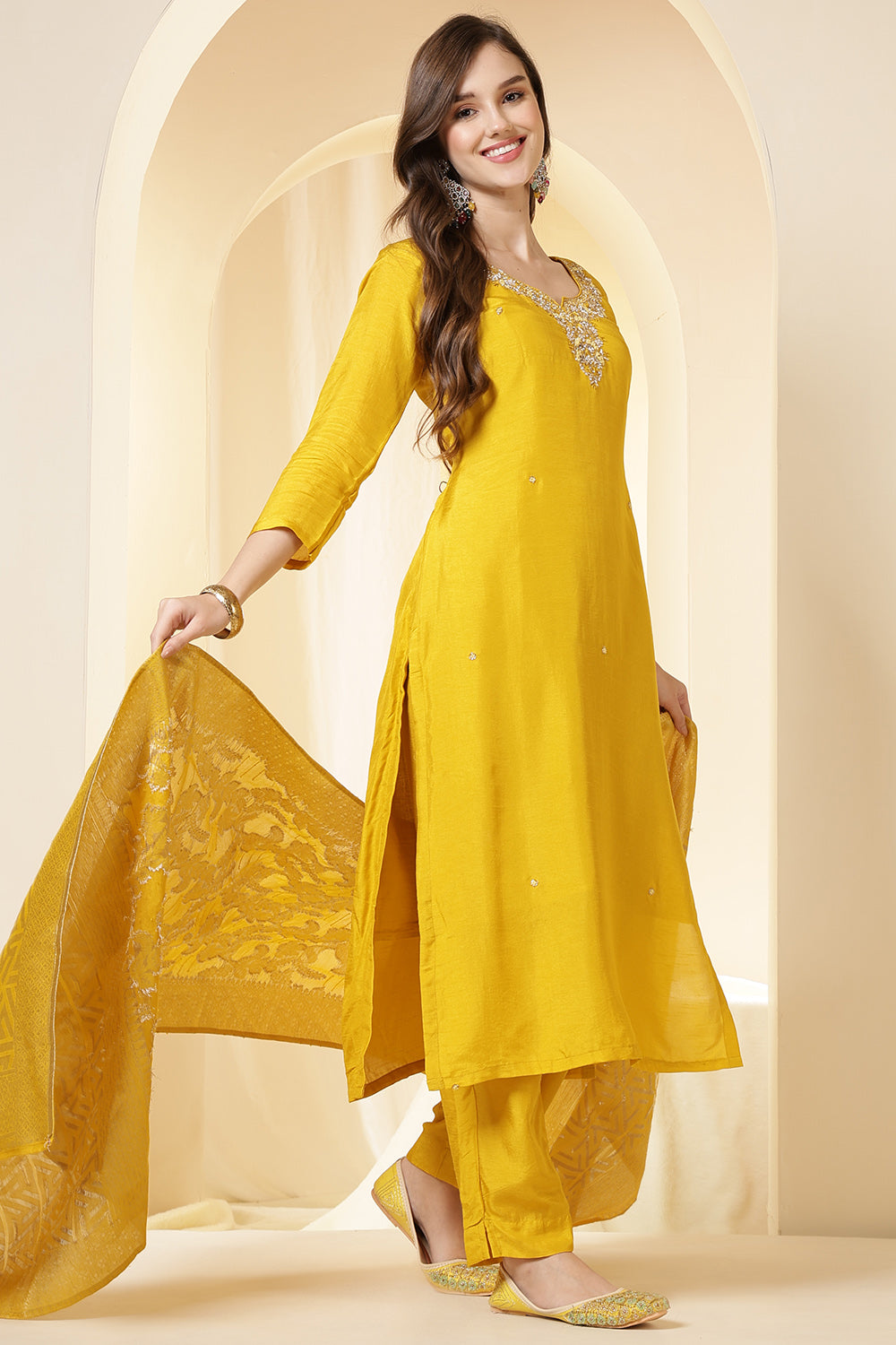 Mustard Color Silk Neck Embroidered Suit Set