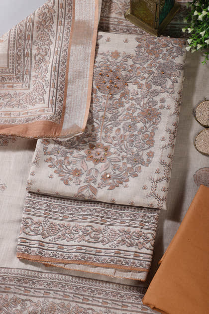 Beige & Brown Floral Printed Unstitched Suit Fabric