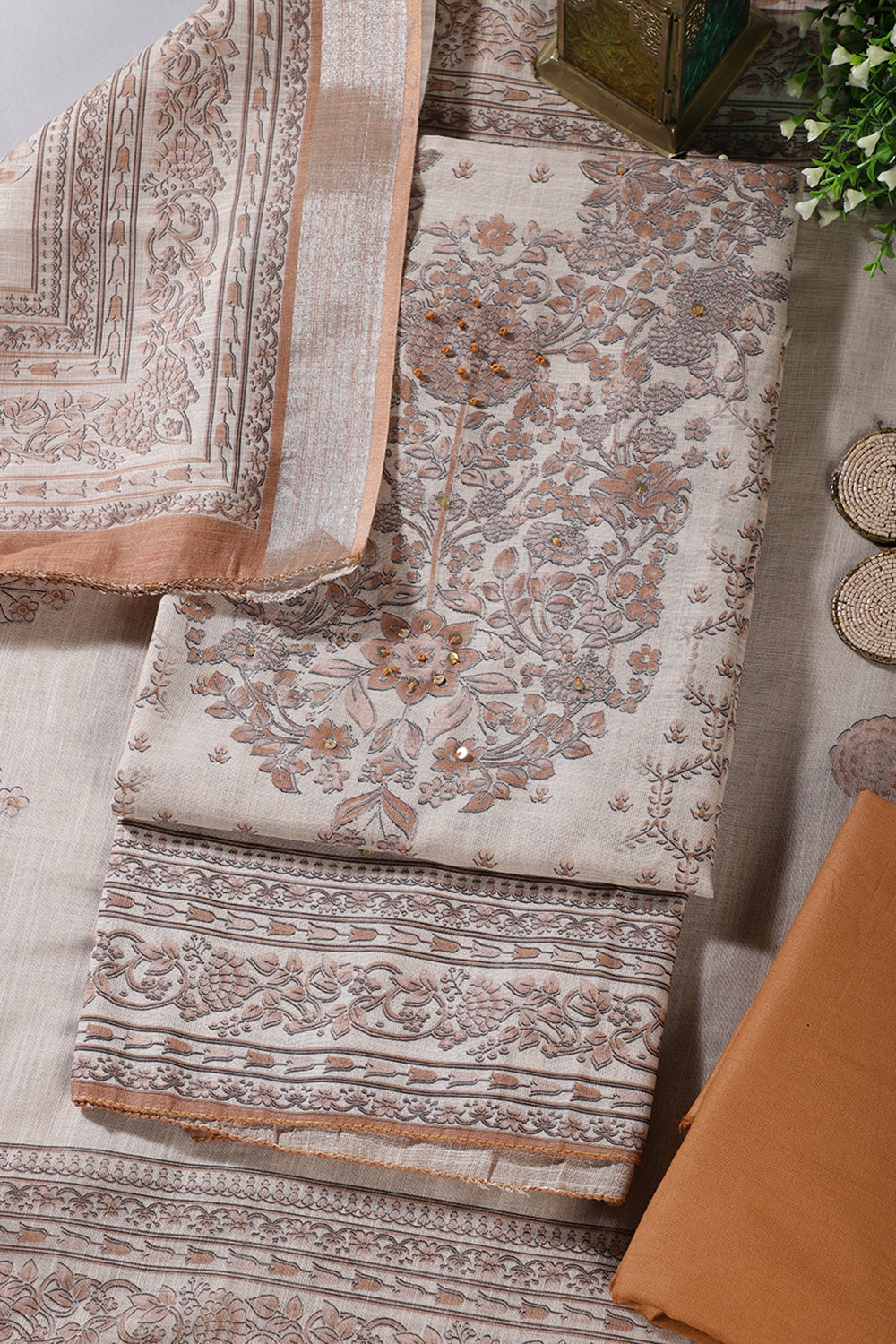 Beige & Brown Floral Printed Unstitched Suit Fabric