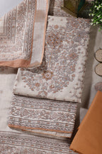 Beige & Brown Floral Printed Unstitched Suit Fabric