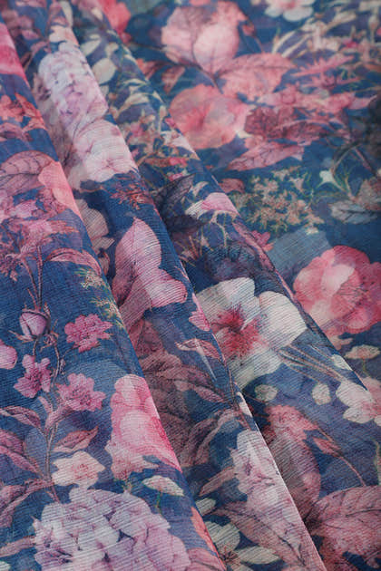 Blue Floral Printed Chiffon Saree