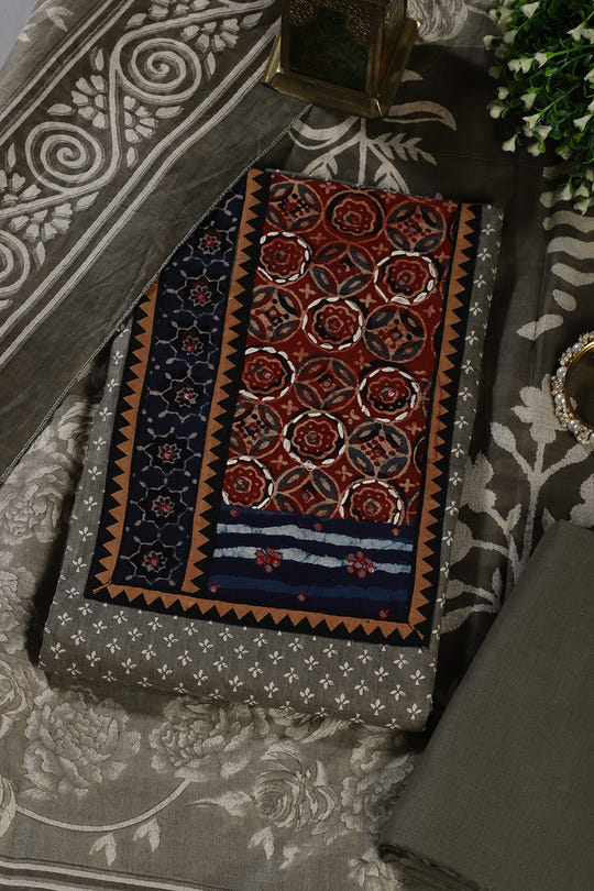 Greyish Green Printed and Mirror Work Cotton Unstitched Suit Material