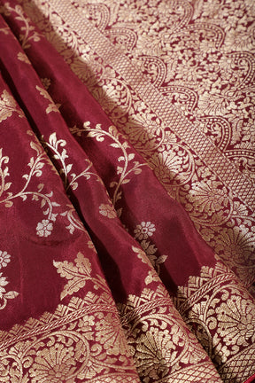 Dark Scarlet Banarasi Silk Zari Floral Zaal Woven Saree