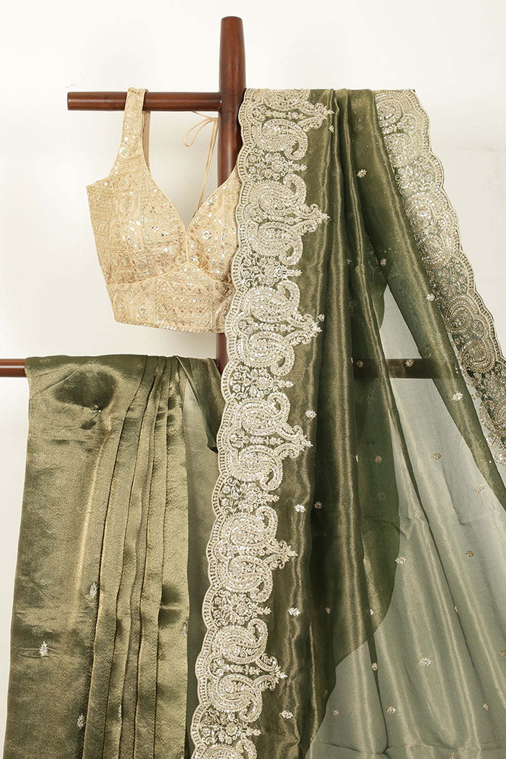 Mehandi Color Pure Tissue Handloom Saree with Sequence & Zardozi Handwork