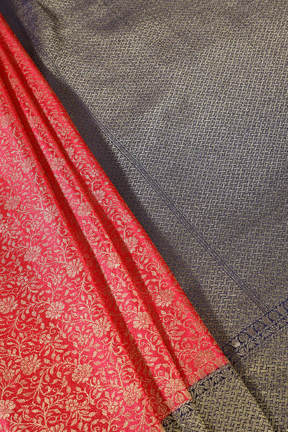 Cherry Red And Navy Floral Zari Woven Sarees