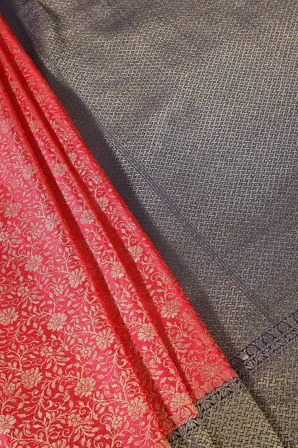 Cherry Red And Navy Floral Zari Woven Sarees