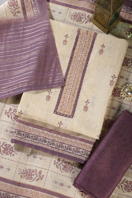 Beige & Mauve Chanderi Cotton Floral Printed And Neck Embroidered Unstitched Suit Material Unstitched Suit Fabric