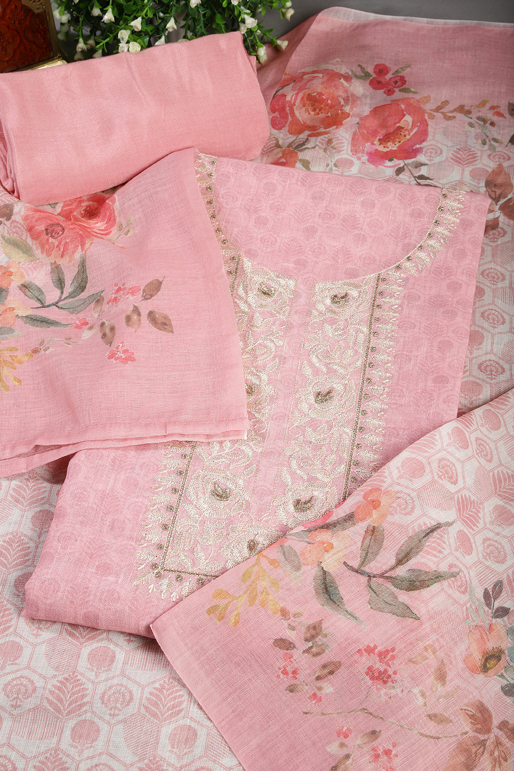 Pink Color Linen Embroidery Self Print Unstitched Suit Material