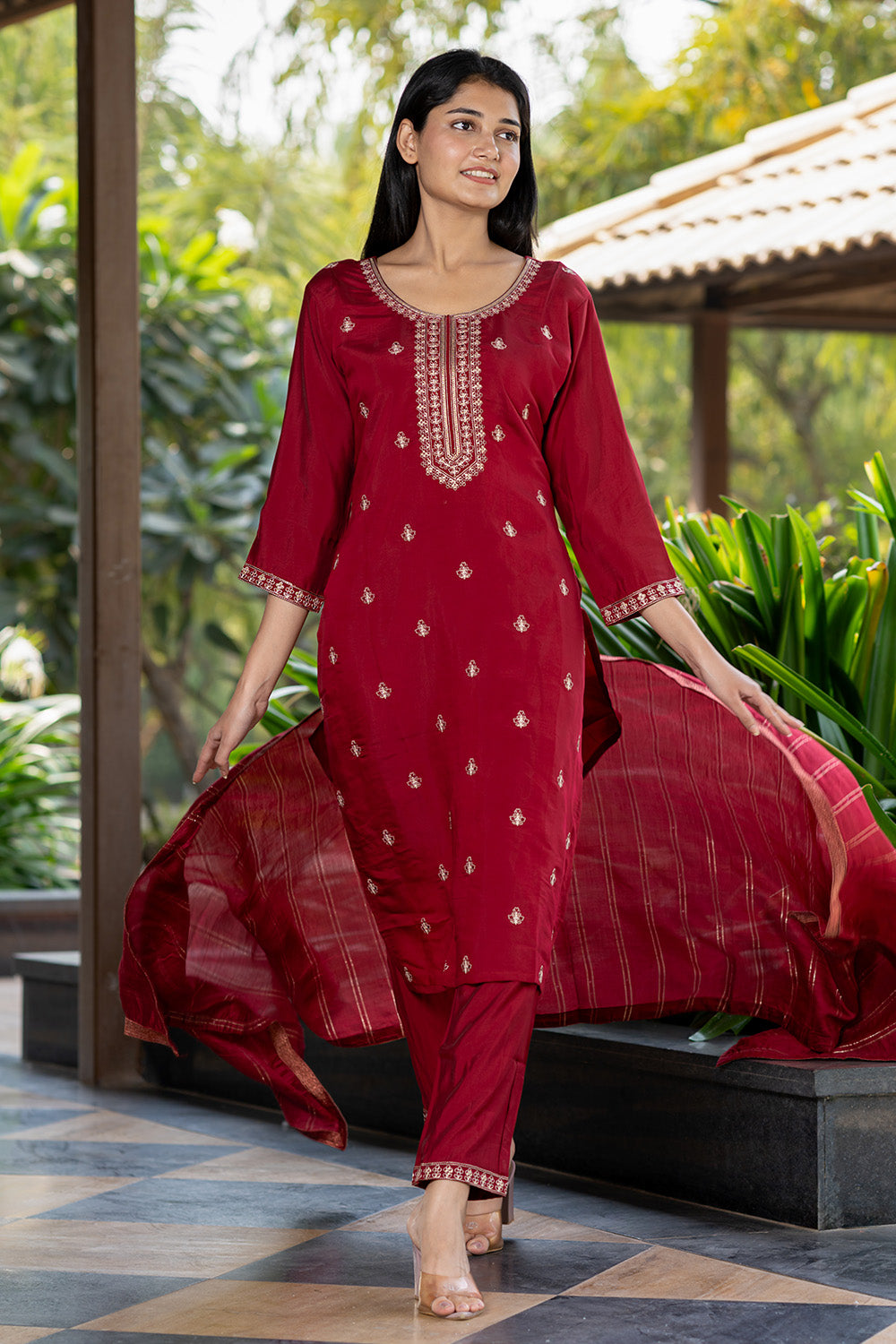 Maroon Color Muslin Embroidered Straight Suit