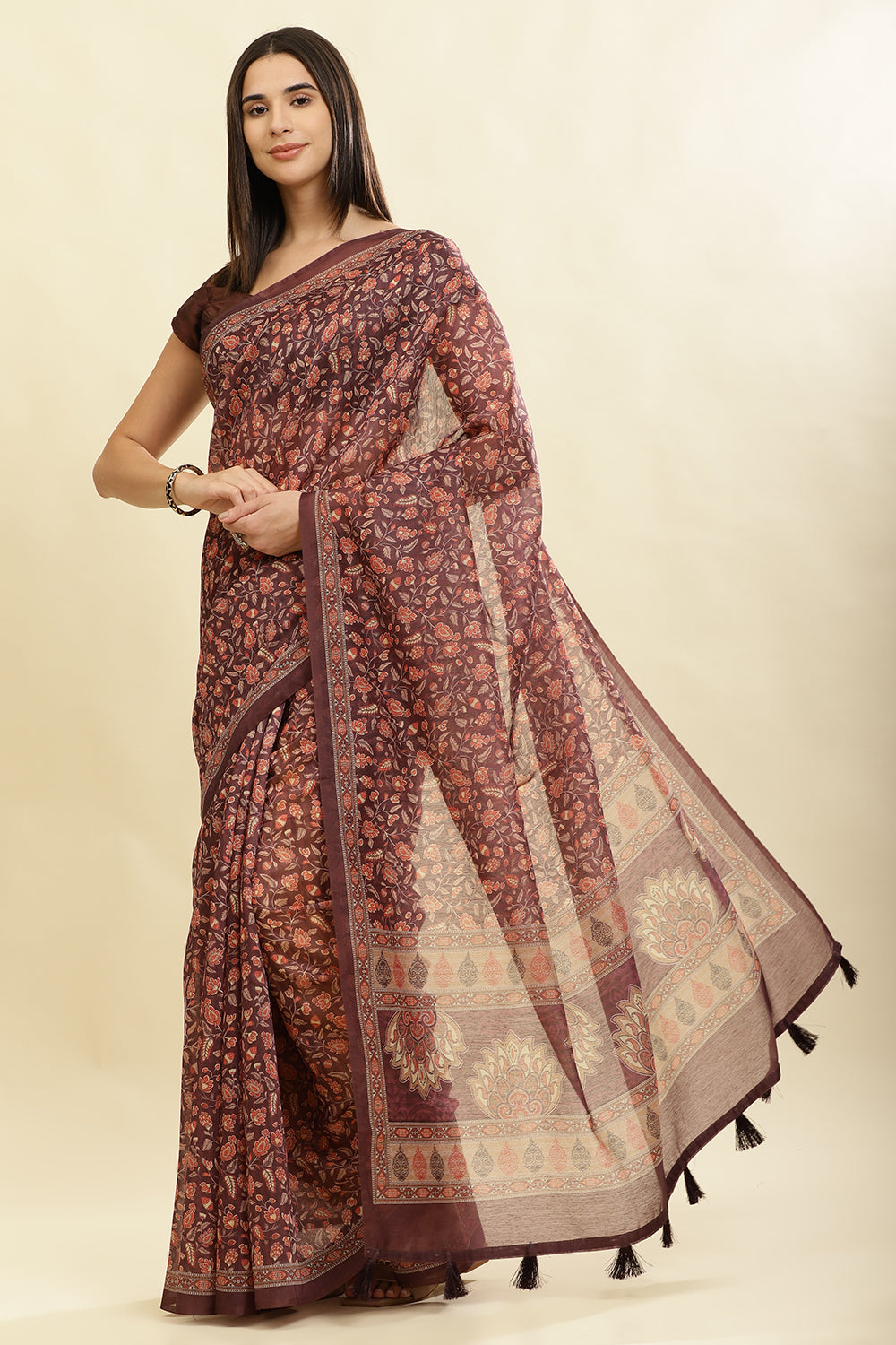 Wine Floral Printed Cotton Silk Saree