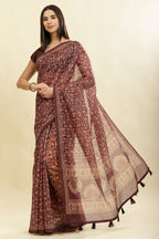 Wine Floral Printed Cotton Silk Saree