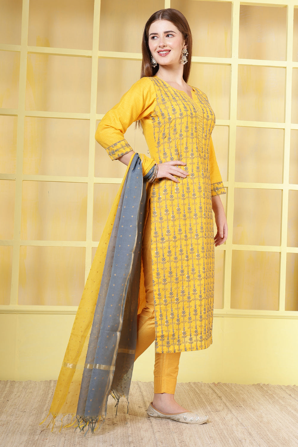Mustard Chanderi Cotton Resham Embroidered Suit