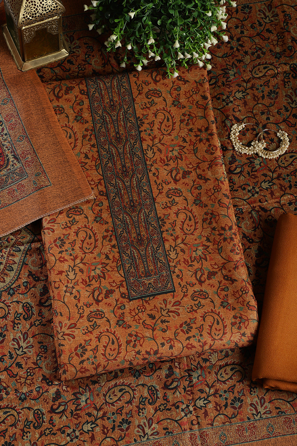 Mustard Pashmina Digital Printed Unstitched Suit Fabric