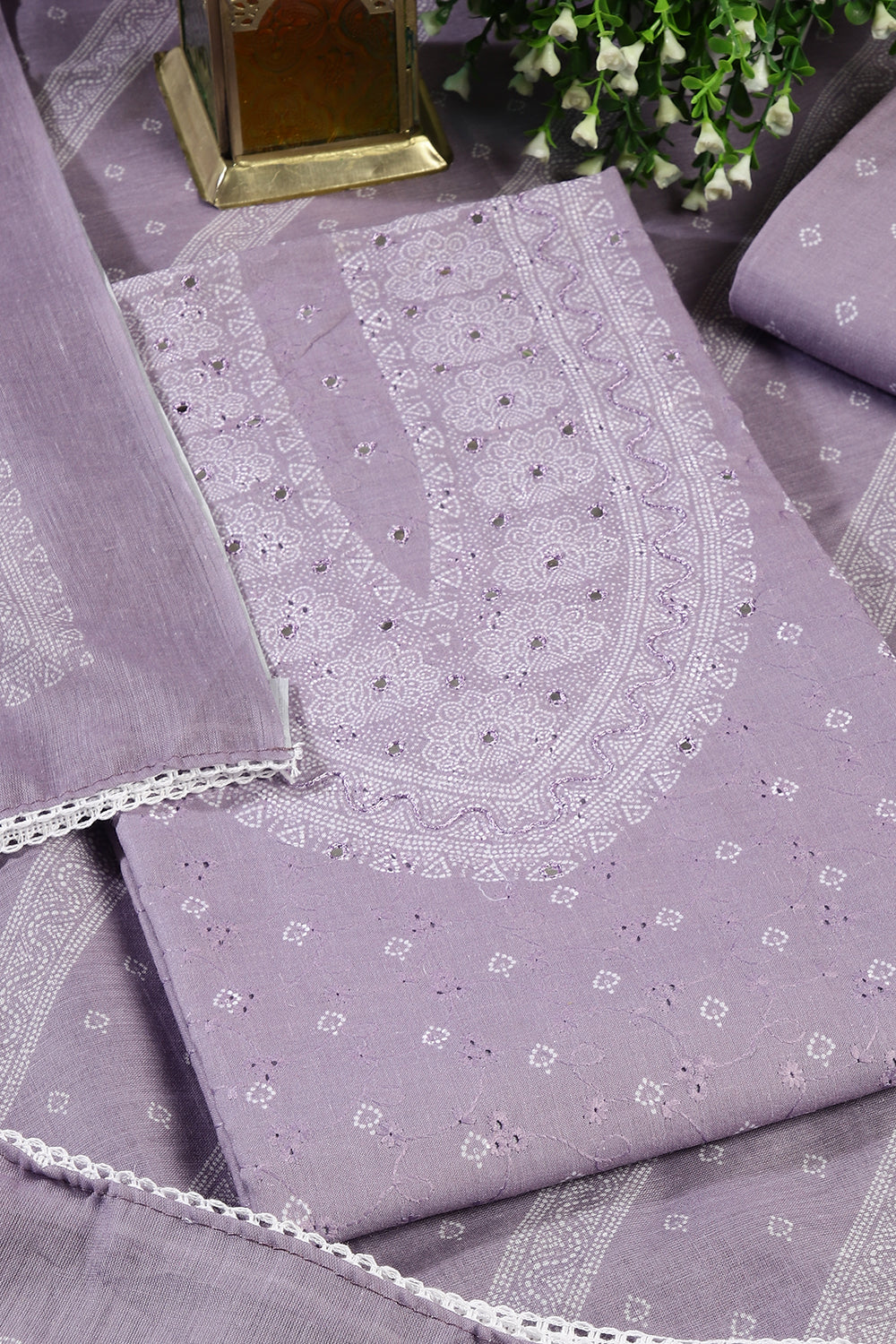 Lavender Color Printed & Resham Embroidered Unstitched Suit