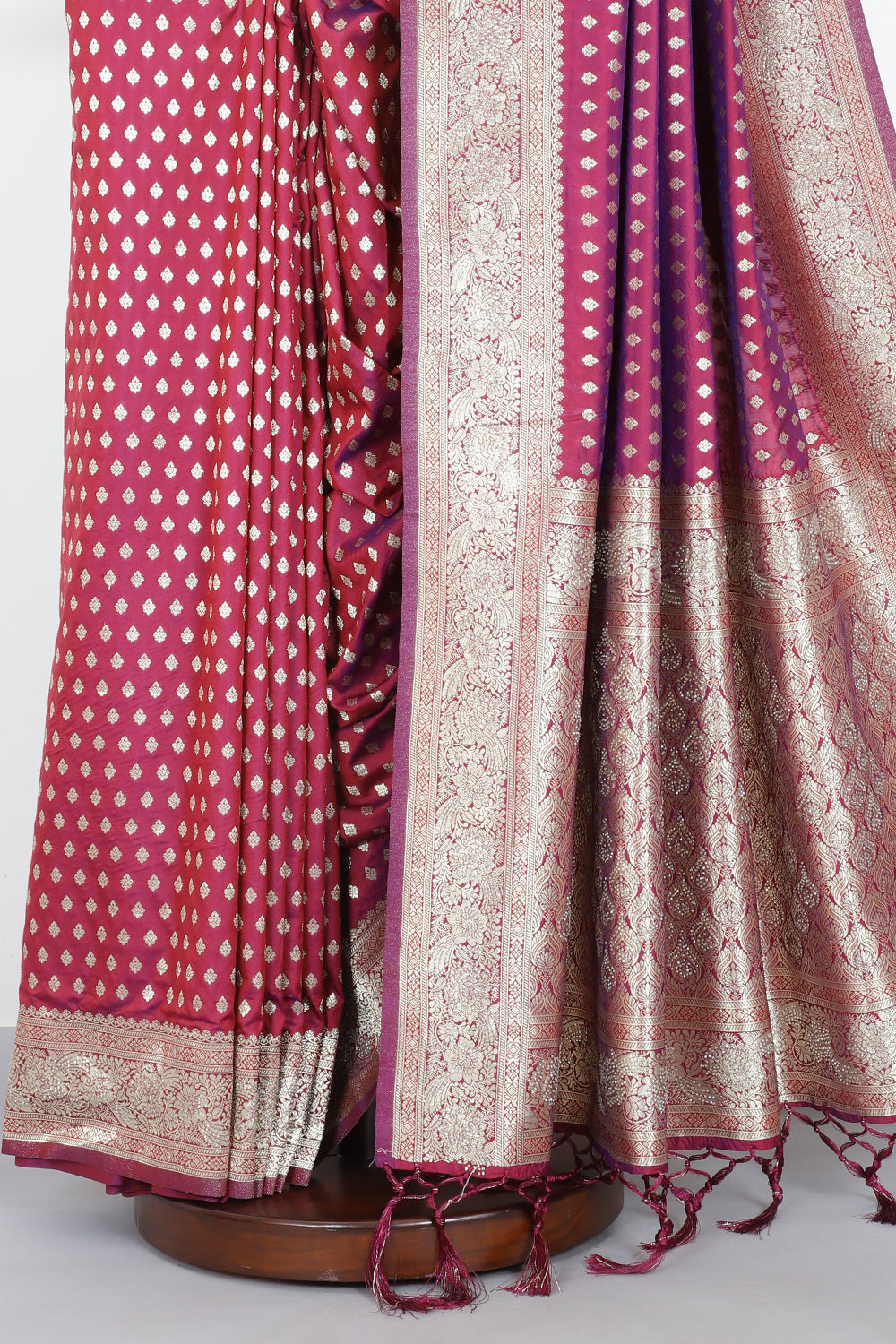 Wine Silk Zari Woven And Swaroski Work Saree