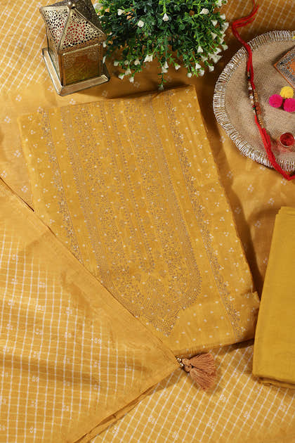 Mustard Zari Woven And Bandhani Printed Silk Unstitched Suit Fabric