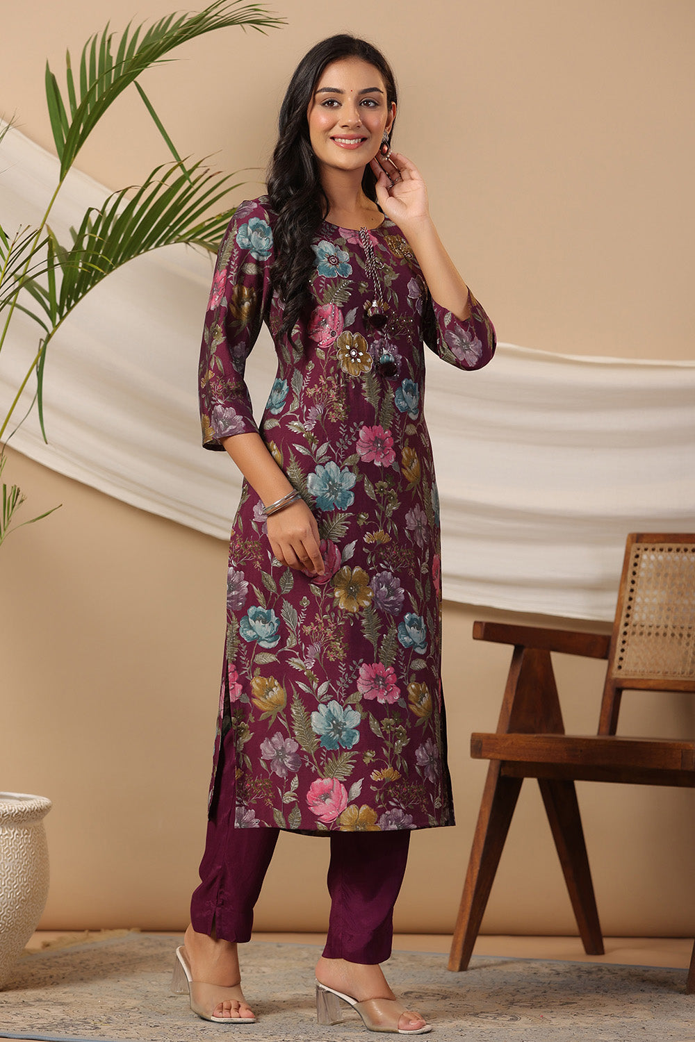 Dark Scarlet Color Cotton Floral Printed Long Kurta Set